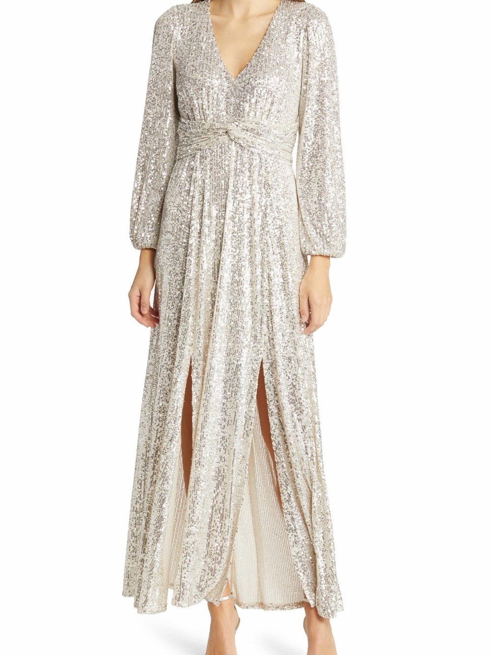 Pisarro Nights Champagne Sequin Long Sleeve A-line Gown